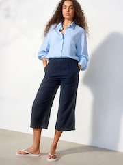 Navy Blue Stretch Linen Blend Culottes - Image 1 of 8