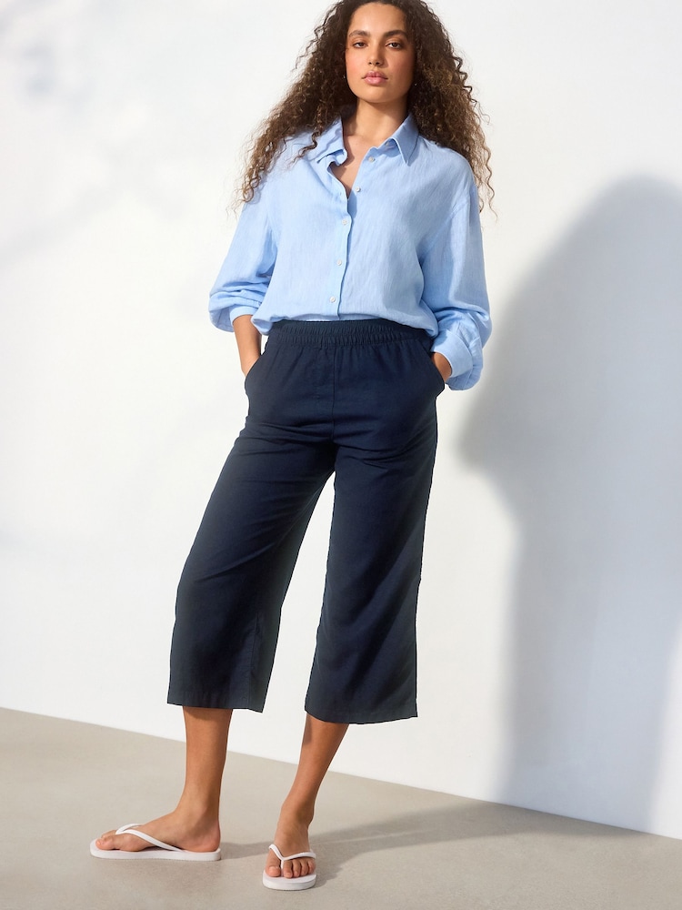 Navy Blue Stretch Linen Blend Culottes - Image 1 of 8