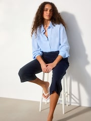 Navy Blue Stretch Linen Blend Culottes - Image 2 of 8