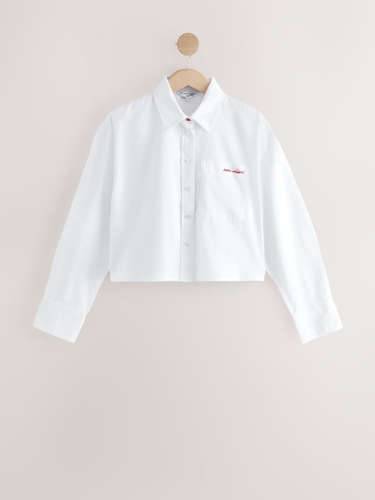 White with Red Embroidery Casual Long Sleeve Cropped Shirt - Image 1 of 3 White with Red Embroidery Casual Long Sleeve Cropped Shirt - Image 1 of 3