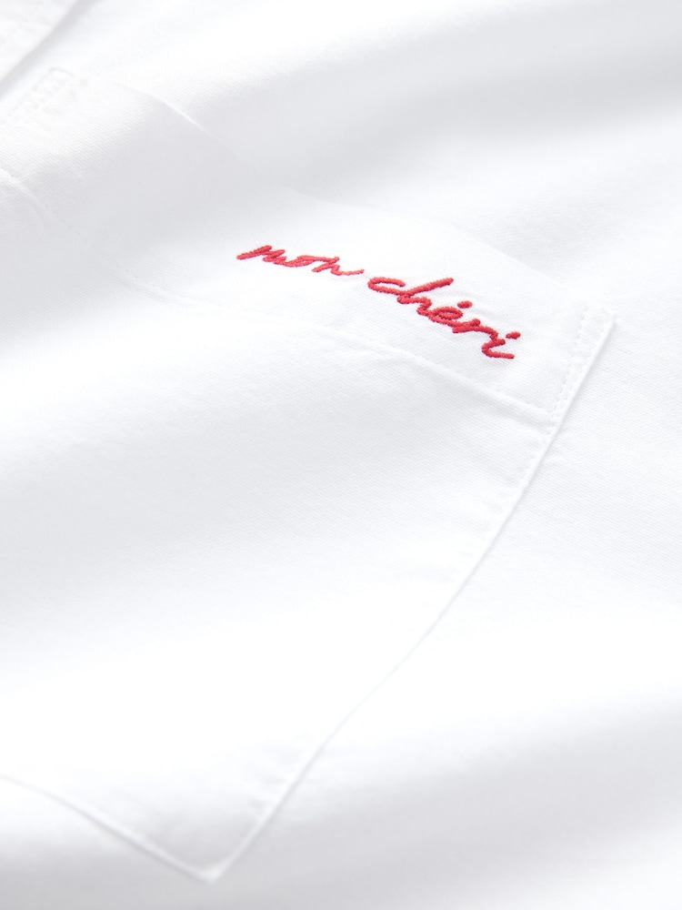 White with Red Embroidery Casual Long Sleeve Cropped Shirt - Image 2 of 3 White with Red Embroidery Casual Long Sleeve Cropped Shirt - Image 2 of 3