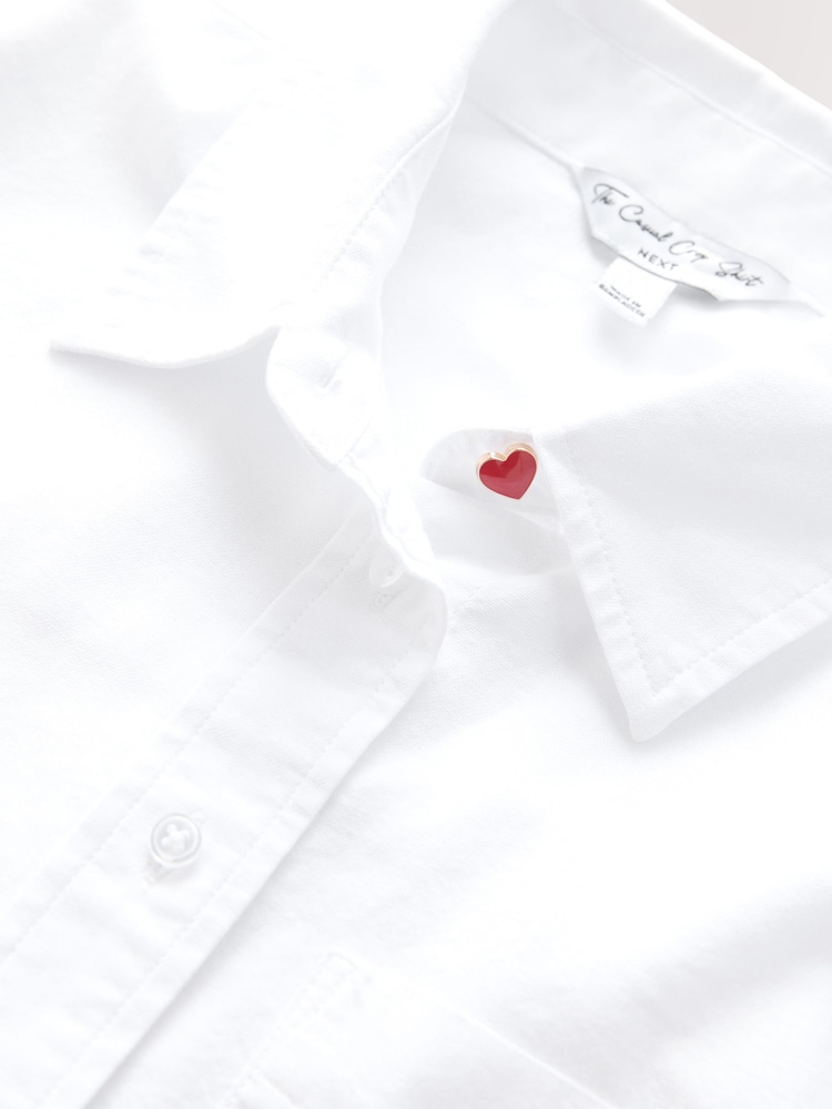 White with Red Embroidery Casual Long Sleeve Cropped Shirt - Image 3 of 3 White with Red Embroidery Casual Long Sleeve Cropped Shirt - Image 3 of 3
