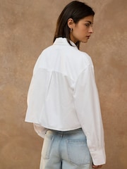 White with Red Embroidery Casual Long Sleeve Cropped Shirt - Image 4 of 8