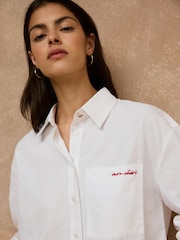 White with Red Embroidery Casual Long Sleeve Cropped Shirt - Image 5 of 8