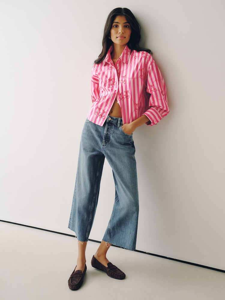 Pink/Red Stripe Cherry Embroidered Cropped Oversized Boyfriend Shirt - Image 2 of 8