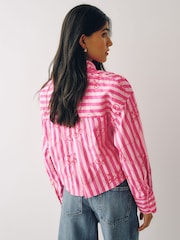 Pink/Red Stripe Cherry Embroidered Cropped Oversized Boyfriend Shirt - Image 3 of 8