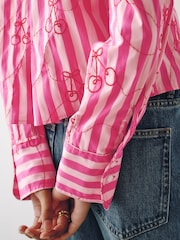 Pink/Red Stripe Cherry Embroidered Cropped Oversized Boyfriend Shirt - Image 4 of 8