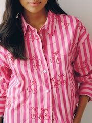 Pink/Red Stripe Cherry Embroidered Cropped Oversized Boyfriend Shirt - Image 5 of 8