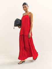 レッド - サテン プリーツ マキシスカート - 画像 1 / 7