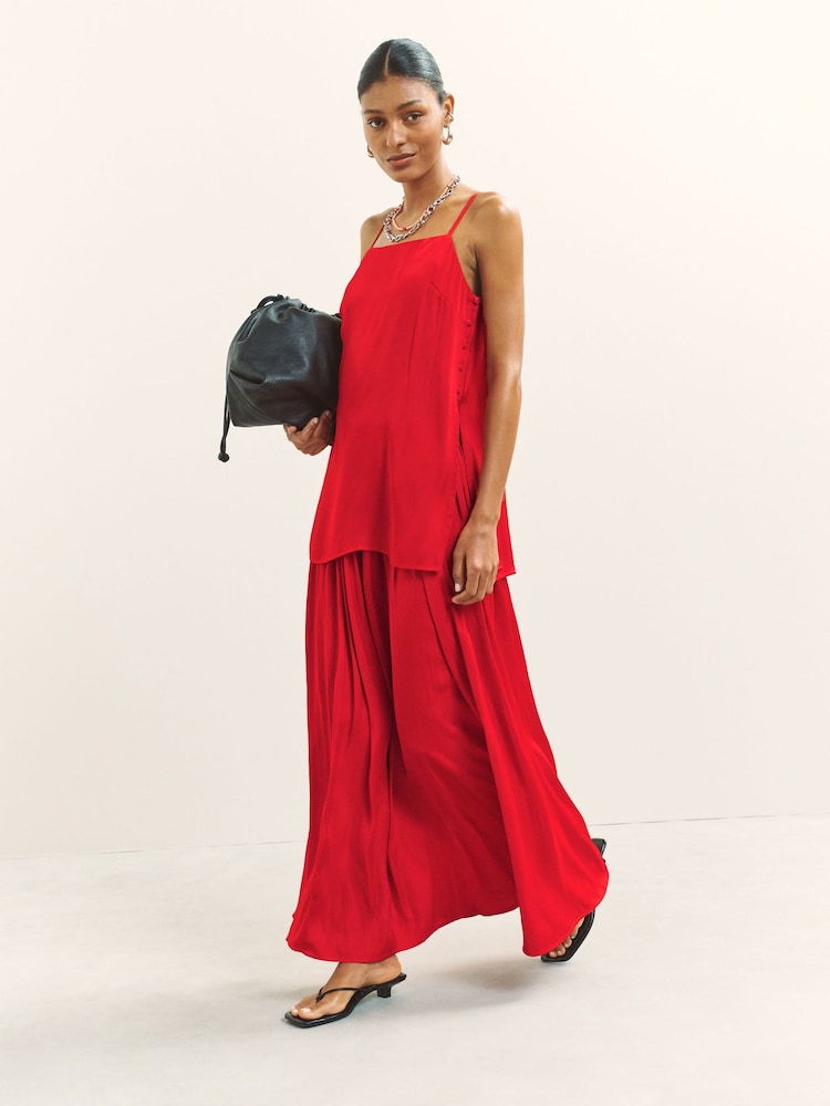 レッド - サテン プリーツ マキシスカート - 画像 1 / 7