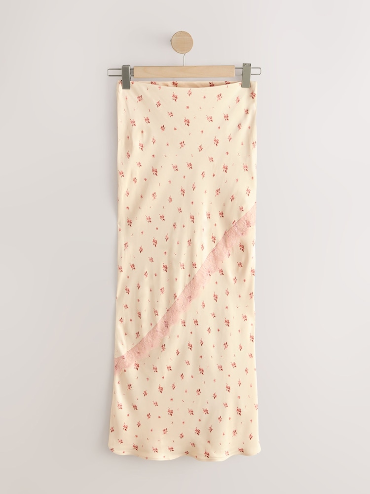 Cream/Pink Floral Satin Maxi Skirt With Lace - Image 1 of 3