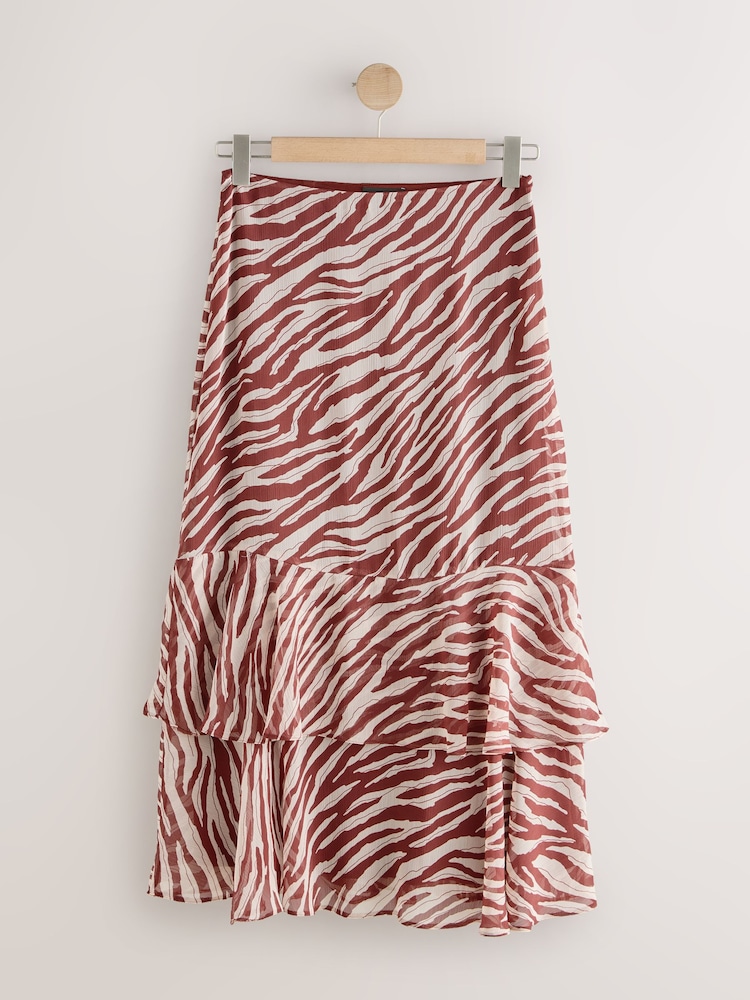 Brown Zebra Print Ruffle Midi Skirt - Image 1 of 3