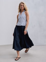 Navy Cotton Poplin Drop Waist Midi Skirt - Image 1 of 7
