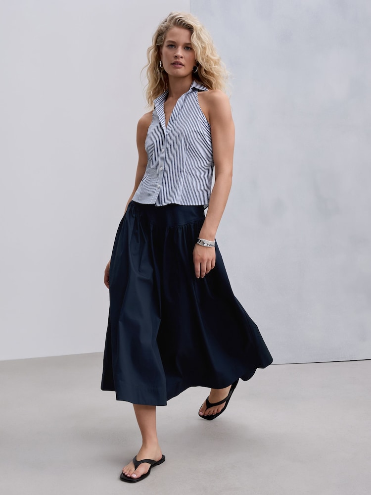 Navy Cotton Poplin Drop Waist Midi Skirt - Image 1 of 7 Navy Cotton Poplin Drop Waist Midi Skirt - Image 1 of 7