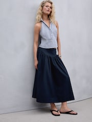 Navy Cotton Poplin Drop Waist Midi Skirt - Image 2 of 7