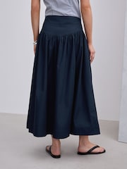 Navy Cotton Poplin Drop Waist Midi Skirt - Image 3 of 7