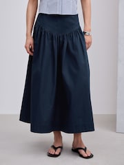 Navy Cotton Poplin Drop Waist Midi Skirt - Image 4 of 7