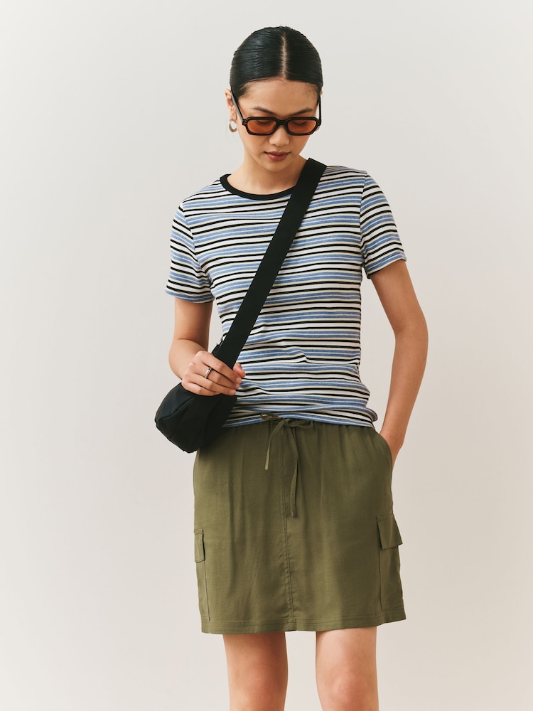 Khaki Green Pull On Mini Skirt With Pockets And Linen - Image 1 of 6