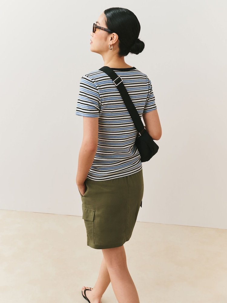 Khaki Green Pull On Mini Skirt With Pockets And Linen - Image 2 of 6