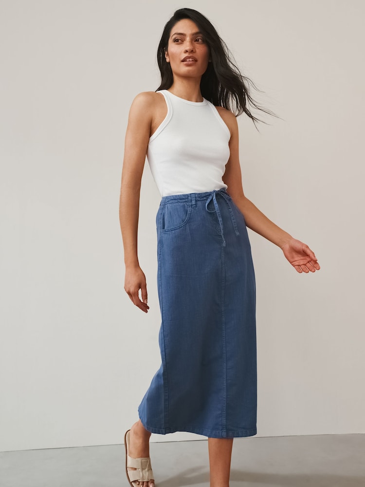 Blue Cotton Linen Blend Midi Skirt - Image 1 of 6 Blue Cotton Linen Blend Midi Skirt - Image 1 of 6