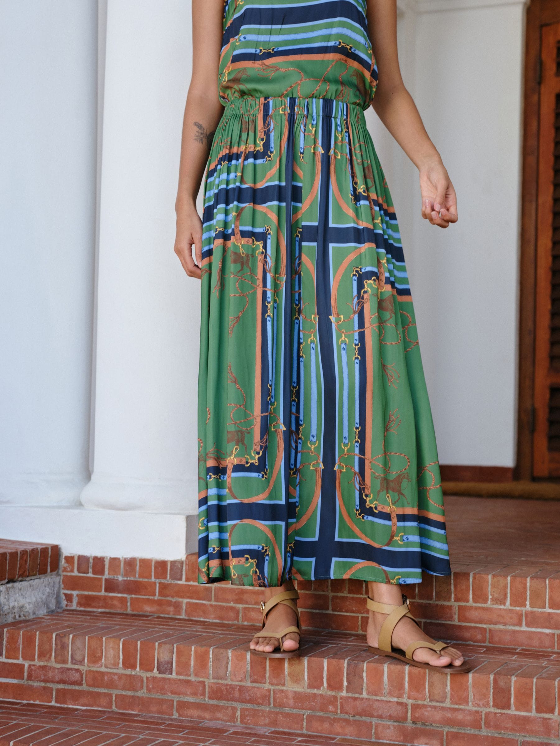 Buy Green/Blue Scarf Print Satin Pleated Maxi Skirt from the Next