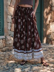 Brown/Cream Printed Maxi Skirt with Linen - Image 4 of 9