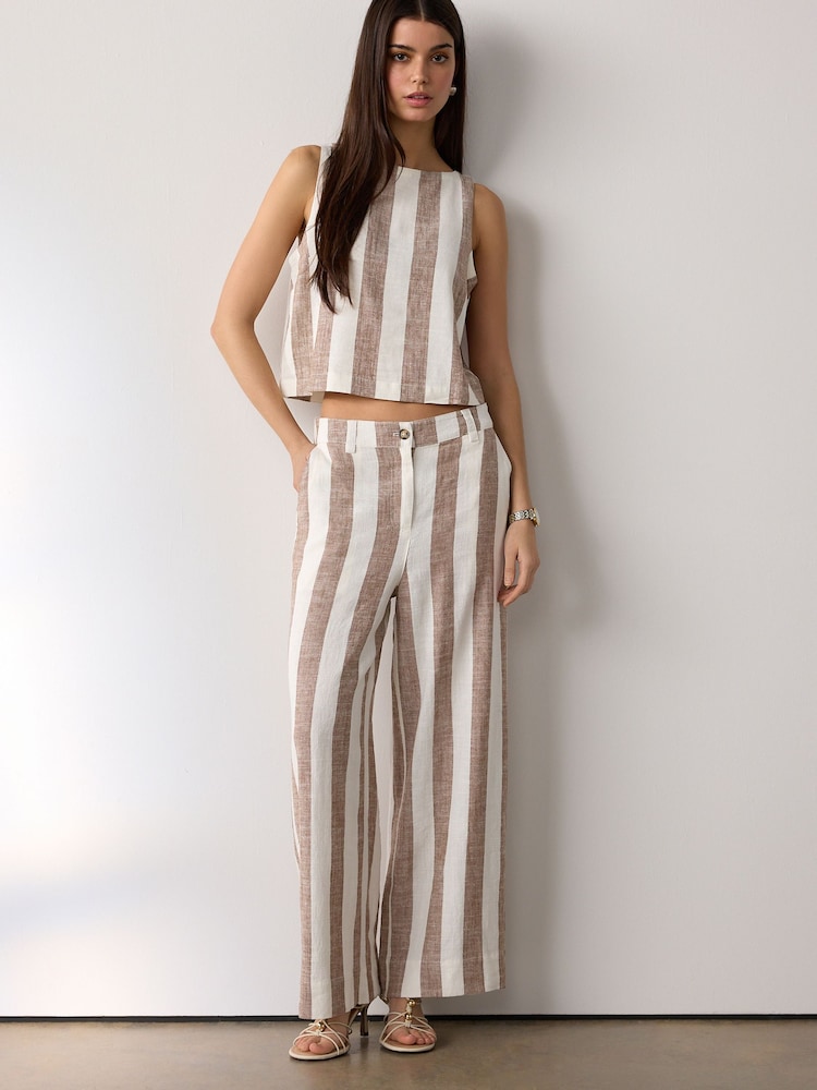 Neutral Stripe Linen Blend Smart Front Wide Leg Trousers - Image 1 of 8 Neutral Stripe Linen Blend Smart Front Wide Leg Trousers - Image 1 of 8