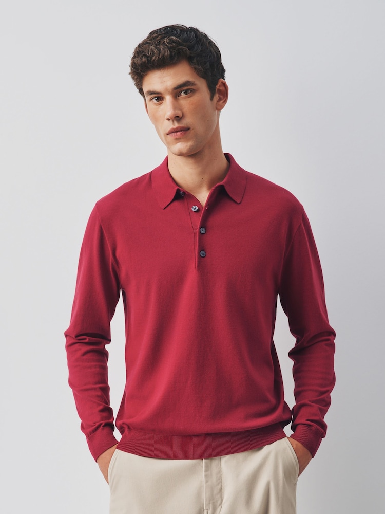 Red Long Sleeve Knitted Polo Shirt - Image 1 of 5