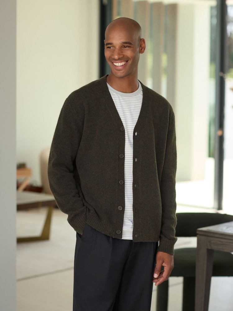 Khaki Green Relaxed Fit Cosy Cardigan - Image 1 of 5 Khaki Green Relaxed Fit Cosy Cardigan - Image 1 of 5