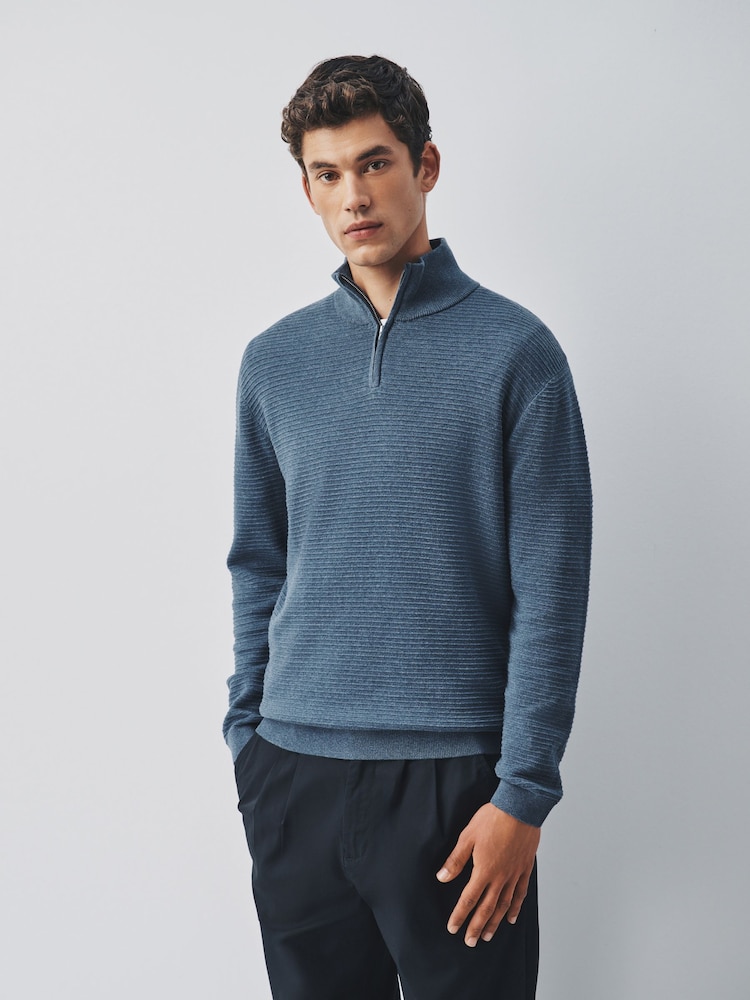Blue Textured Quarter Zip Neck Jumper - Image 1 of 5