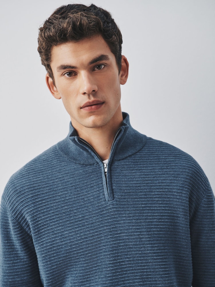 Blue Textured Quarter Zip Neck Jumper - Image 5 of 5