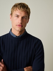 Navy Blue Regular Fit Mock Shirt Cable Knit Jumper - Image 1 of 7