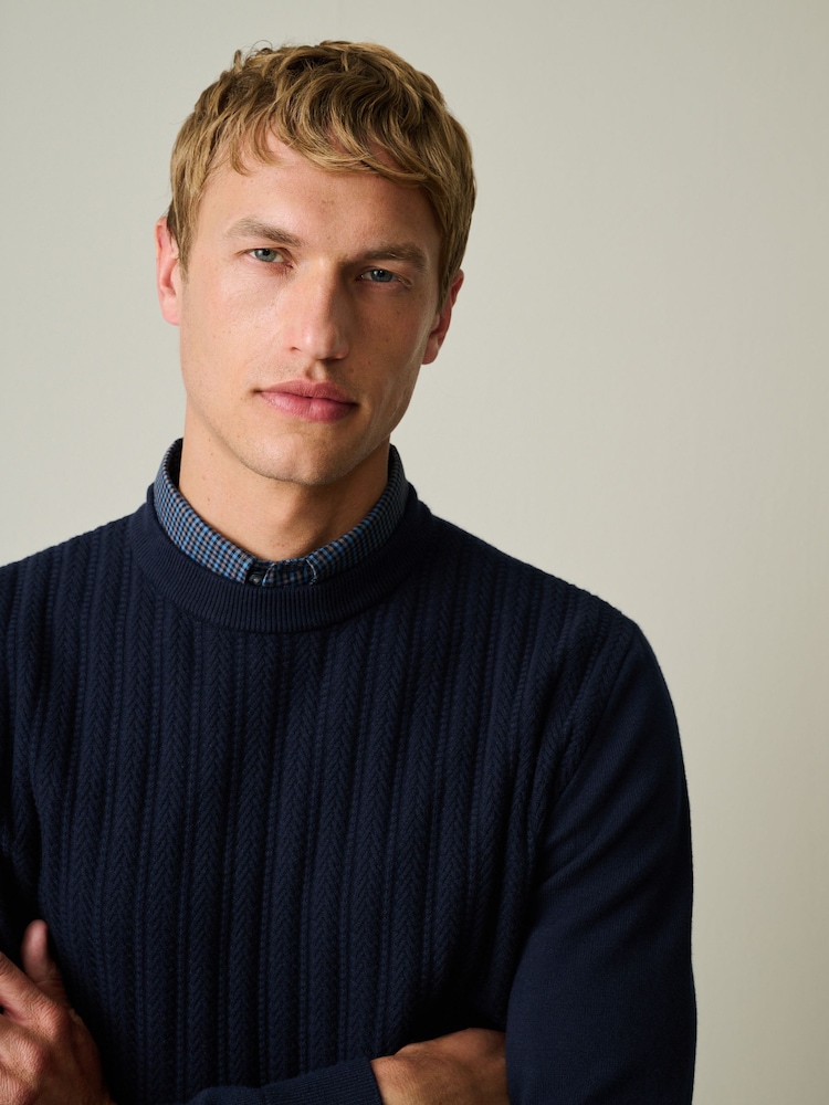 Navy Blue Regular Fit Mock Shirt Cable Knit Jumper - Image 1 of 7 Navy Blue Regular Fit Mock Shirt Cable Knit Jumper - Image 1 of 7