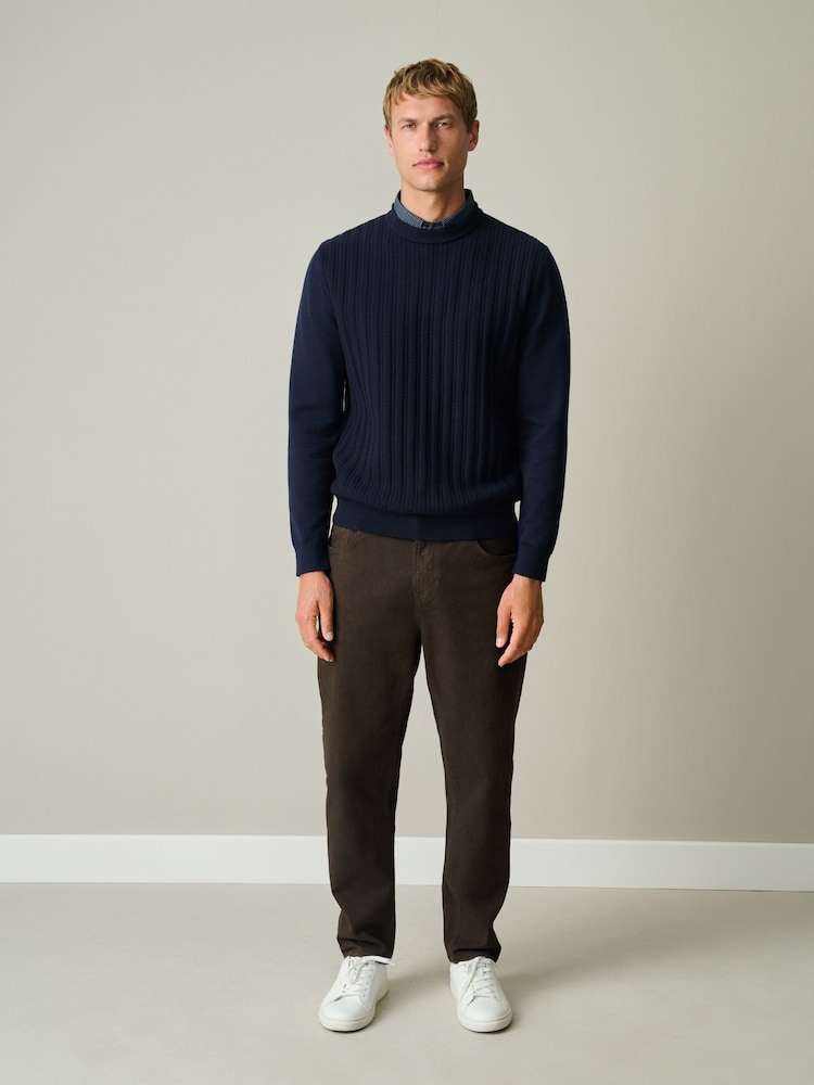 Navy Blue Regular Fit Mock Shirt Cable Knit Jumper - Image 2 of 7 Navy Blue Regular Fit Mock Shirt Cable Knit Jumper - Image 2 of 7