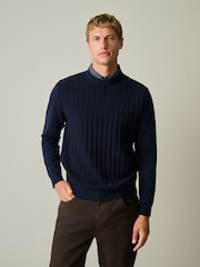 Navy Blue Regular Fit Mock Shirt Cable Knit Jumper - Image 4 of 7