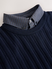Navy Blue Regular Fit Mock Shirt Cable Knit Jumper - Image 6 of 7