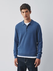 Mid Blue Long Sleeve Knitted Polo Shirt - Image 1 of 8