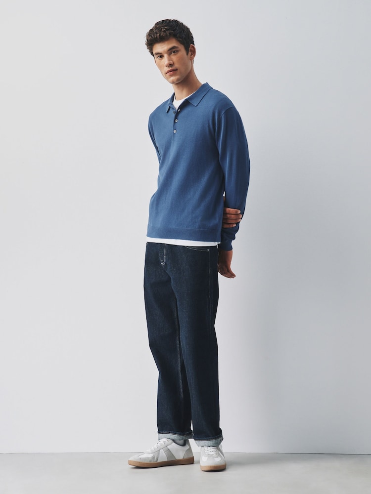 Mid Blue Long Sleeve Knitted Polo Shirt - Image 2 of 8