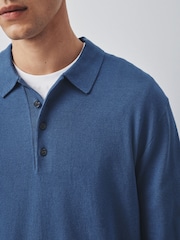 Mid Blue Long Sleeve Knitted Polo Shirt - Image 4 of 8