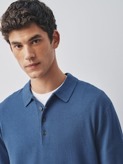 Mid Blue Long Sleeve Knitted Polo Shirt - Image 5 of 8