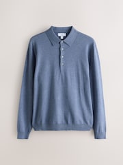 Mid Blue Long Sleeve Knitted Polo Shirt - Image 6 of 8