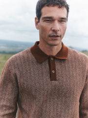 Rust Orange Cosy Knit Long Sleeve Polo Shirt with Wool - Image 1 of 8