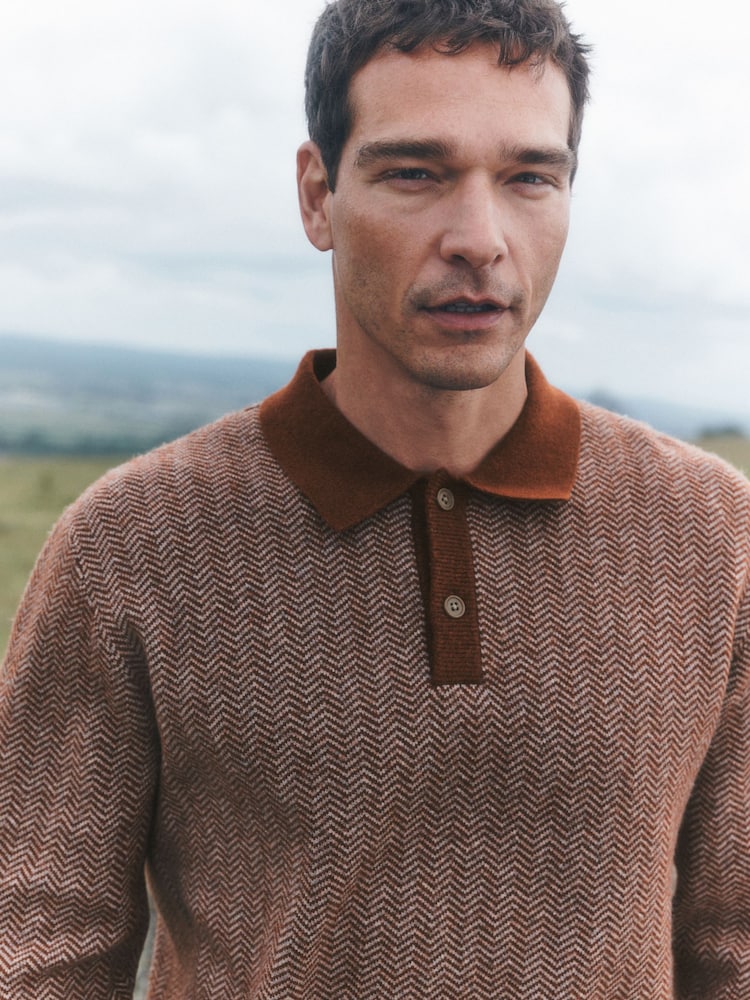 Rust Orange Cosy Knit Long Sleeve Polo Shirt with Wool - Image 1 of 8 Rust Orange Cosy Knit Long Sleeve Polo Shirt with Wool - Image 1 of 8