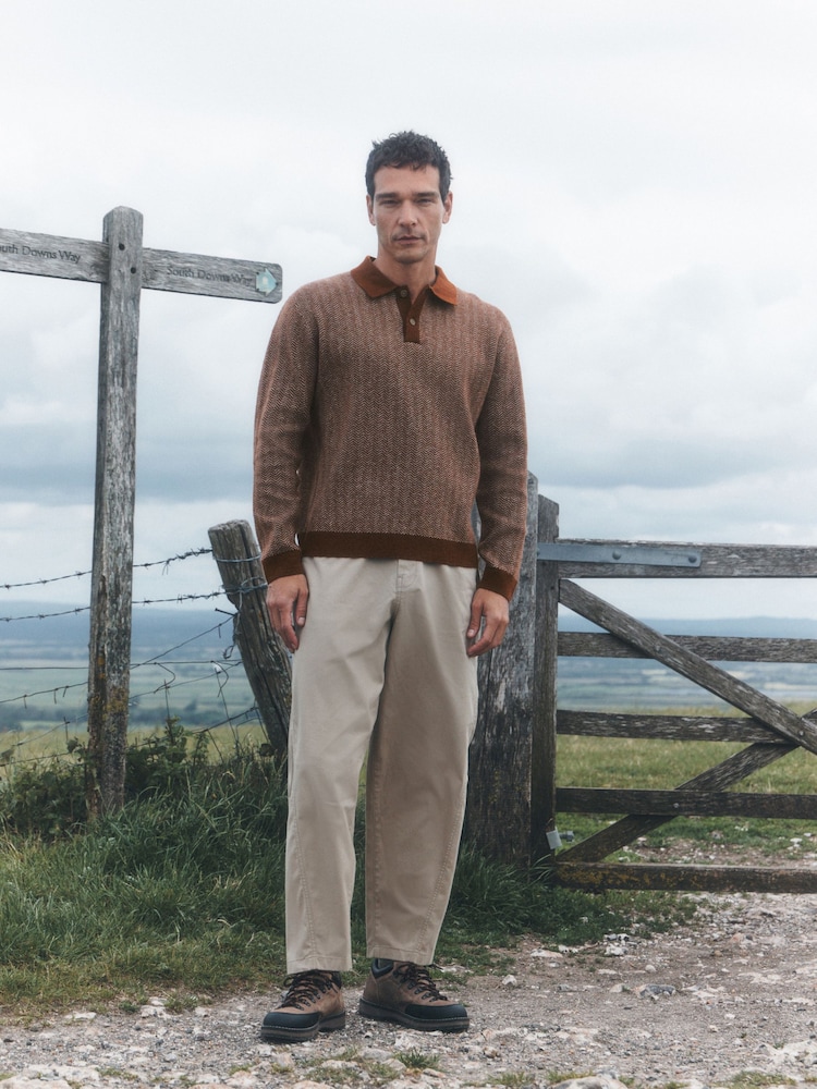 Rust Orange Cosy Knit Long Sleeve Polo Shirt with Wool - Image 2 of 8 Rust Orange Cosy Knit Long Sleeve Polo Shirt with Wool - Image 2 of 8