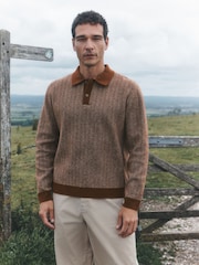 Rust Orange Cosy Knit Long Sleeve Polo Shirt with Wool - Image 4 of 8