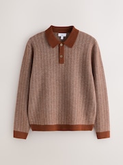 Rust Orange Cosy Knit Long Sleeve Polo Shirt with Wool - Image 6 of 8