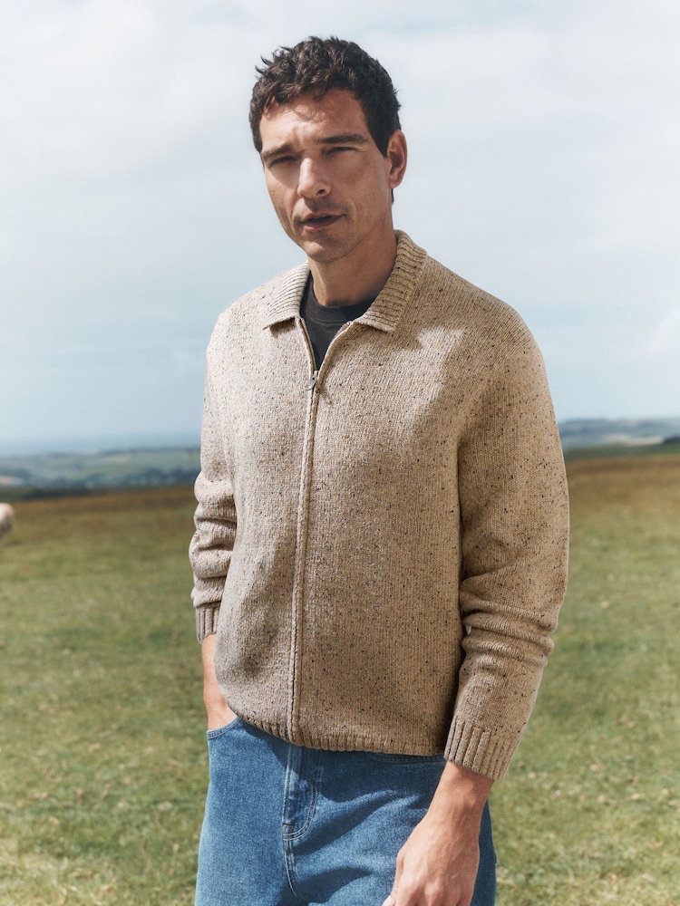 Neutral Zip Through Knitted Jacket with Wool - Image 1 of 5