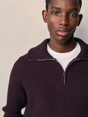 Dark Purple N. Premium Ribbed Fold-Over Zip Neck Jumper With Wool - Image 8 of 9