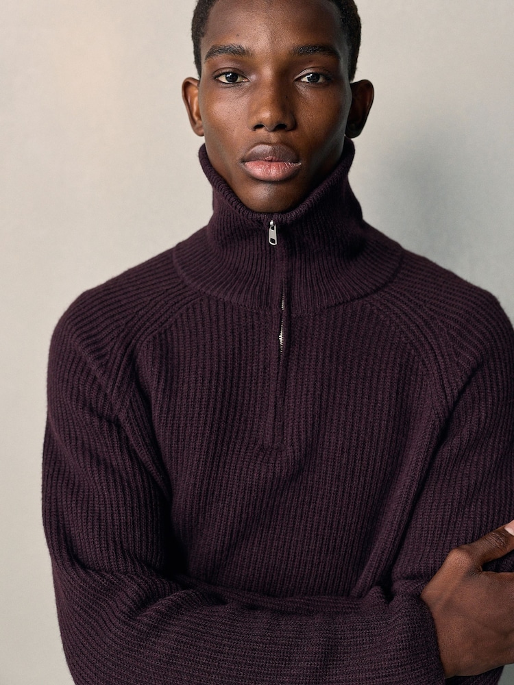 Dark Purple N. Premium Ribbed Fold-Over Zip Neck Jumper With Wool - Image 9 of 9