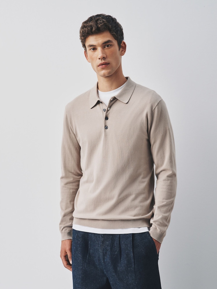 Neutral Long Sleeve Knitted Polo Shirt - Image 1 of 5